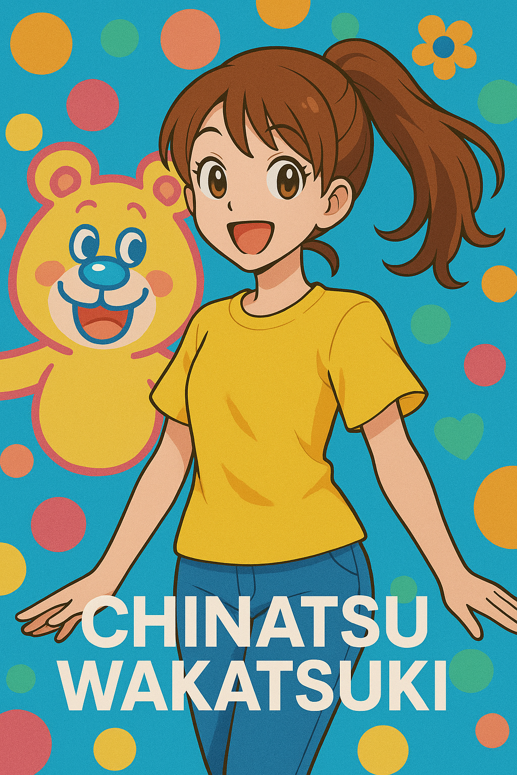 アニメ風に描かれた若槻千夏さん風の女性と、クマタン風キャラクターのAI生成画像（本人ではありません）